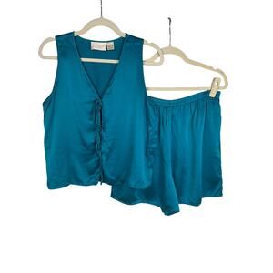 Vtg VS Gold Label 100% Silk Teal Front Tie Tank & Shorts Pajama Set | Size S